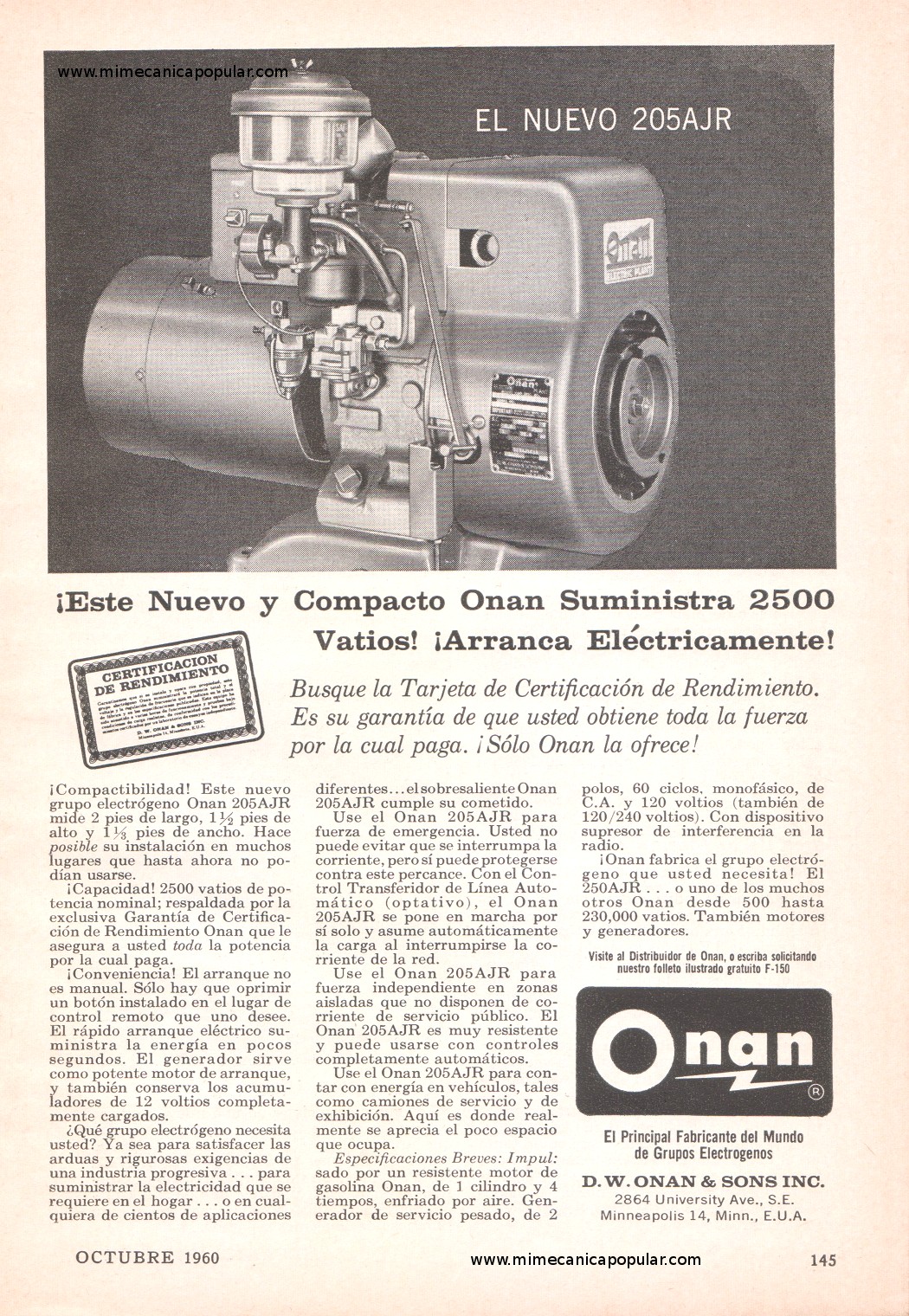 Publicidad - Grupos Electrógenos Onan - Octubre 1960