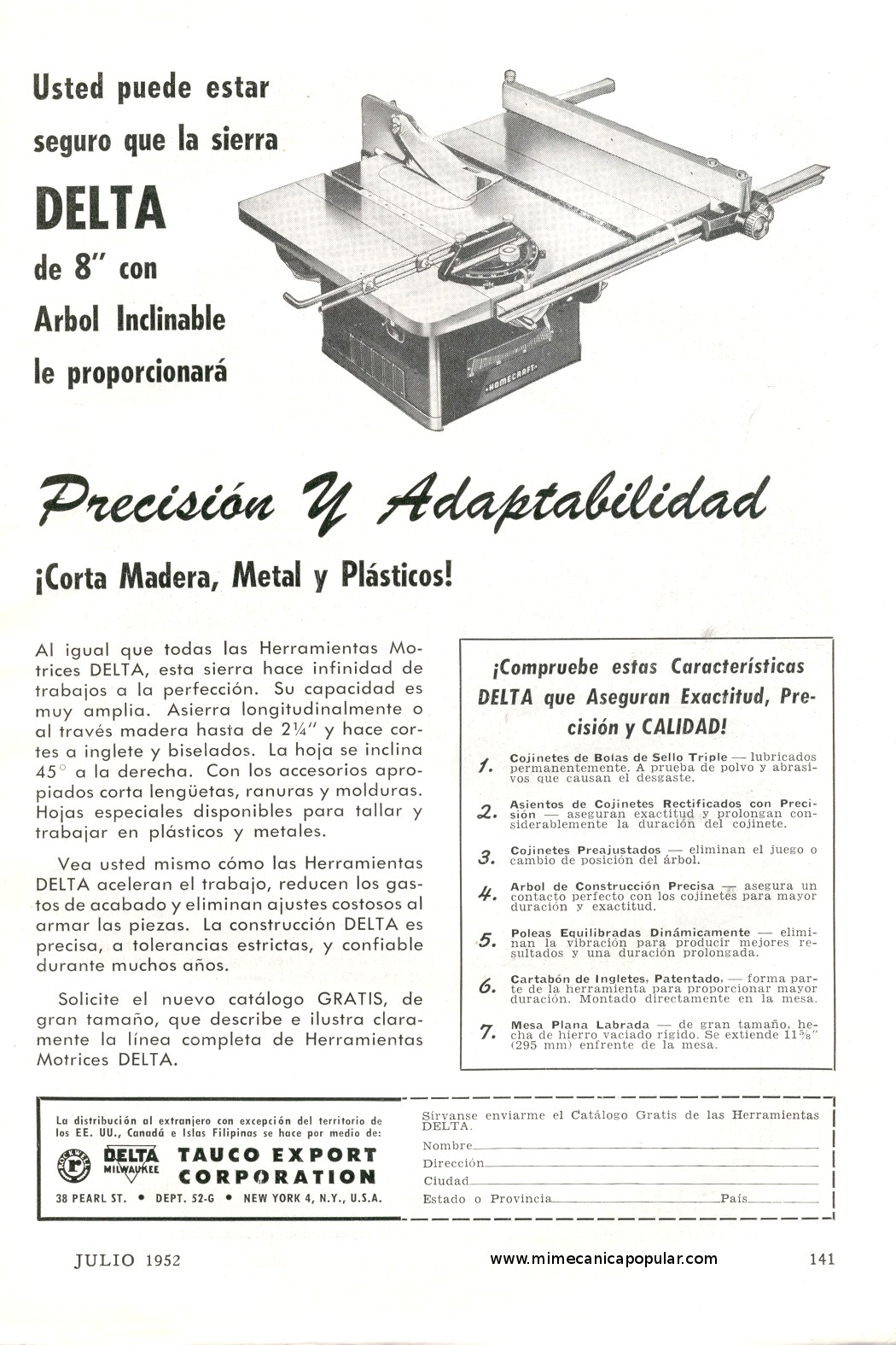 Publicidad - Sierra de Banco Delta Homecraft - Julio 1952