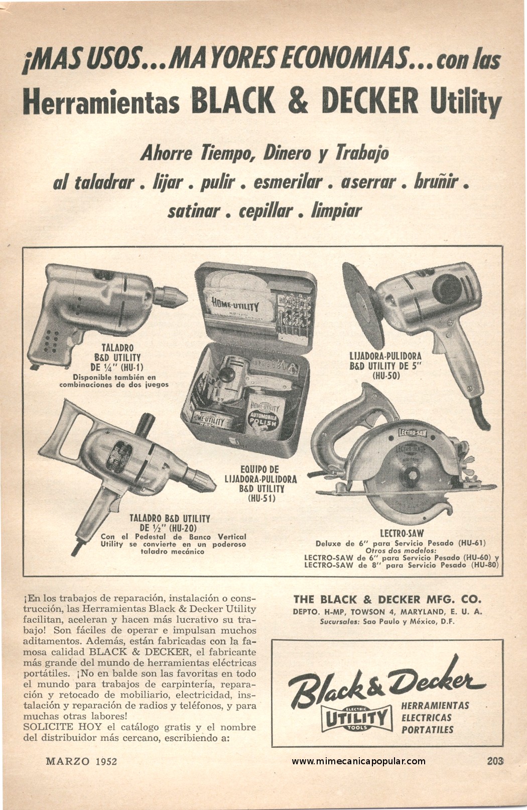 Publicidad - Herramientas Black and Decker Utility - Marzo 1952