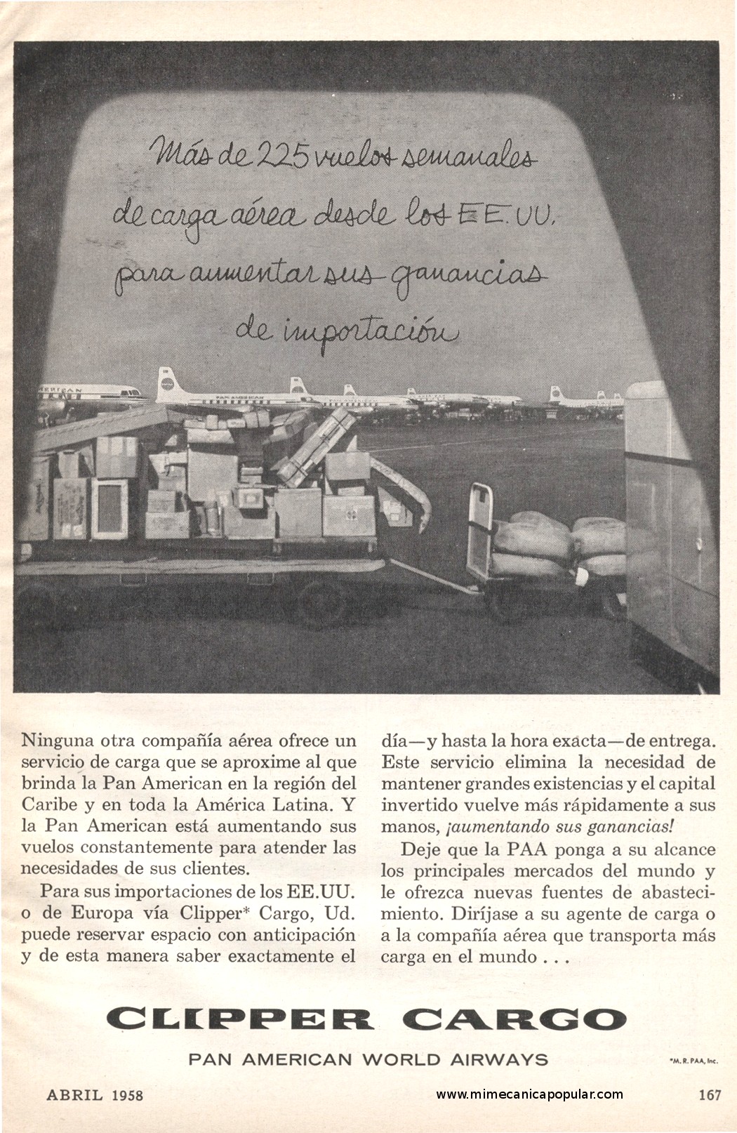 Publicidad - Clipper Cargo - Pan American World Airways - Abril 1958