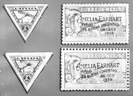 Arr: Este sello de Letonia se imprimió en 1920: Ab: Estampilla falsa producida cinco años después, con cambios en las letras y en el diseño del aeroplano - Arr: México habilitó 300 sellos en honor de Amelia Earhart. Un falsificador produjo el sello de abajo, que estaba ofreciendo en venta por unos 250 dólares