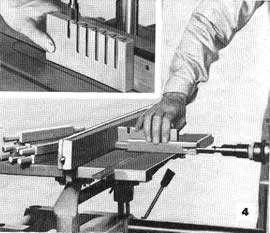 R-Se usa un sacabocados para cortar las espigas de un trozo sobrante de la madera empleada para la pieza, como en el inserto. El mismo accesorio forma espigas en el extremo de la pieza. Luego se cortan las esquinas para formar los hombros.