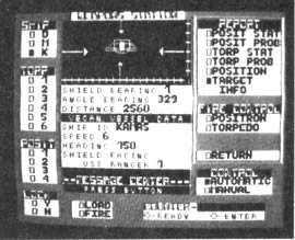 El Starship Commander de la firma Voyager Software incluye pantallas que simulan acción en diversas estaciones de batalla. Arriba aparecen la estación de ciencias (izq) y la estación de armas (der). El juego convierte a cualquier computadora Apple II en un complejo centro de comando de las naves estelares