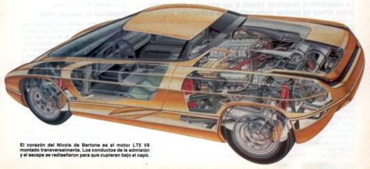 El corazón del Nivola de Bertone es el motor LT6 V8 montado transversalmente. Los conductos de admisión y el escape se rediseñaron para que cupieran bajo el capó.