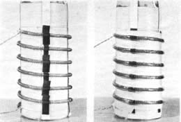 La bobina se fija al núcleo (izquierda) usando trozos de cinta de encubrir de color negro; luego se envuelve (vea derecha), con plástico y cinta a fin de poderse vaciar