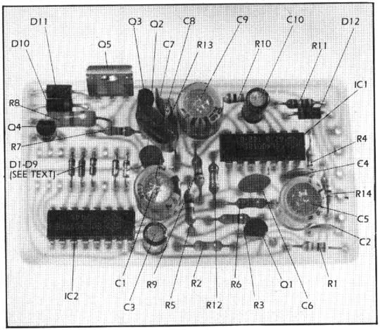 El tablero de circuito impreso del Name Caller está lleno de componentes, aunque en muy buena disposición. Los diodos D1 a D9 controlan el "nombre" en clave que vocea la alarma del automóvil