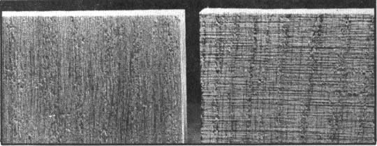 Al lijar madera, mueva el papel en dirección de la veta (izq.) y no contra ella (der.), pues deja arañazos profundos. Se usó Igual papel en las dos tablas