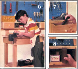 6 El banco menor tiene tornillo de bnaco portátil - 7 Unidad de anaquien que cuenta con dos gavetas - 8 Divisores de tabla separan herramientas en anaquel