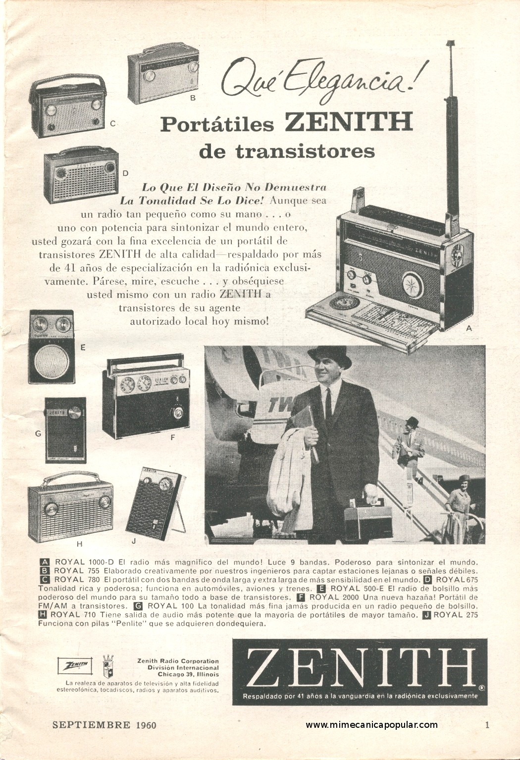 Publicidad - Radios Zenith de Transistores - Septiembre 1960