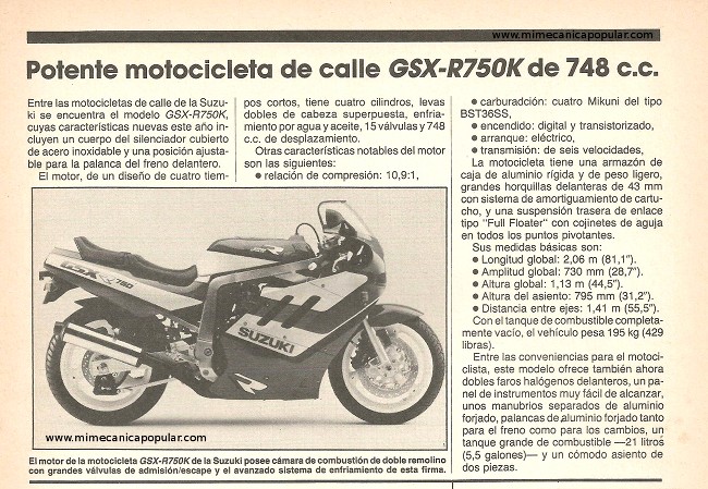 Potente motocicleta de calle Suzuki GSX-R750K - Noviembre 1989