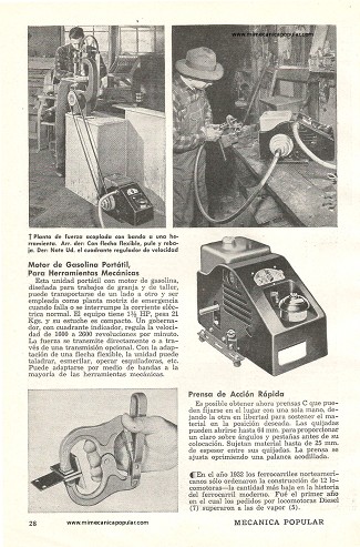 Motor de gasolina portátil para herramientas mecánicas - Julio 1948
